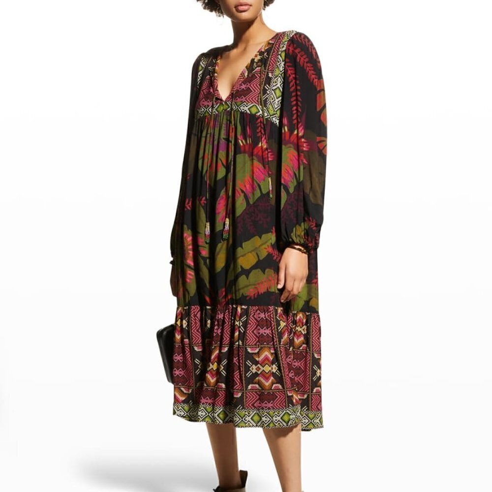 Farm Rio Tropical Forest Long Sleeve V-Neck Midi Dress - Picture 9 of 10